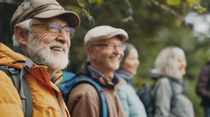 Fototapeta premium A group of elderly hikers, equipped with backpacks and outdoor clothing, enjoys a scenic view on a bright day, smiling in camaraderie.