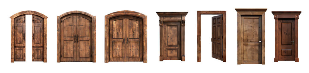 Wooden old vintage door set isolated on transparent or white background	