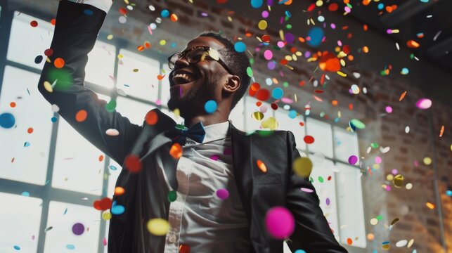 A delighted man in formal wear surrounded by a burst of confetti, celebrating in a spacious room, exuding joy and success in a dynamic moment of festivity.