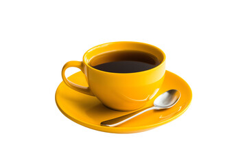 Obraz premium Vibrant Yellow Coffee Cup with Saucer and Spoon on Transparent Background - Minimalist Design for Modern Cafe Culture and Morning Beverage Rituals