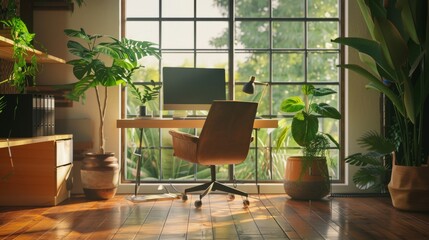 Fototapeta premium An inviting home office filled with lush plants, a sleek computer setup, ergonomic furniture, and floor-to-ceiling windows, creating a bright and energizing workspace.