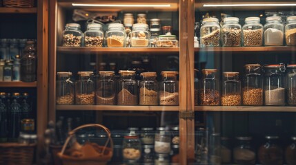 Wooden shelves filled with neatly organized glass jars of spices and dry goods in a warm, cozy pantry setting, evoking a sense of homey charm and meticulous order.