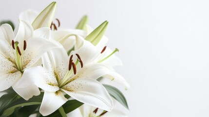Fototapeta premium A bunch of fresh white lilies, their petals fully open, beautifully placed against a clean white backdrop, evoking purity and grace.