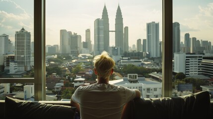 Overlooking a bustling cityscape with iconic twin towers, a person enjoys the vibrant urban view from a cozy, modern sitting area.