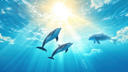 Dolphins Swimming Under Bright Sunlight in Ocean