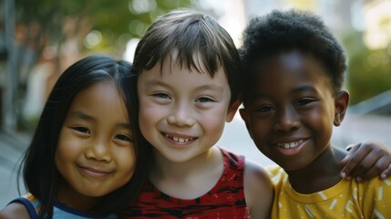 Three diverse children, close together and smiling brightly, enjoy a sunny day, reflecting the joy and innocence of childhood and the beauty of friendship.