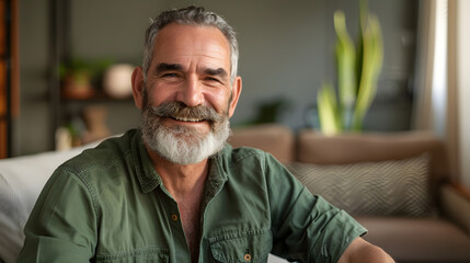 Portrait of happy smiling middle aged mature senior 50 years old bearded man wearing green shirt sitting on couch at home interior looking at camera. generative ai.