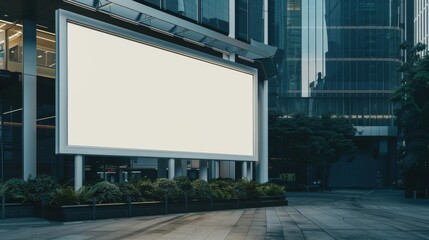 Obraz premium A large, empty billboard stands in an urban environment, surrounded by modern buildings and greenery, offering a blank canvas for advertising opportunities.