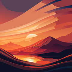 Abstract Sunset Landscape with Mountains and Reflected Light Over Water &ndash; Modern Vector Illustration