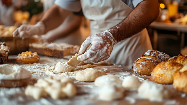 Baker preparing dough with hands and flour on a wooden surface, showcasing artisanal bread-making process.