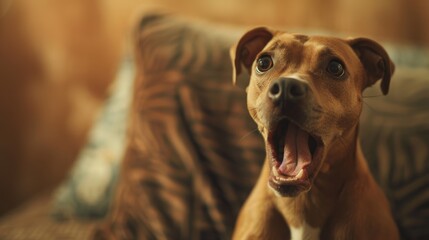 Obraz premium A brown dog with expressive eyes looks surprised, mouth open, on a cozy sofa. The warm tones and soft background create an inviting, playful atmosphere.