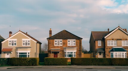Three neatly aligned suburban houses with well-maintained lawns present a picture-perfect residential neighborhood under a partly cloudy sky.