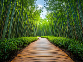 A serene bamboo forest pathway, showcasing vibrant greenery and a tranquil wooden walkway guiding through nature's beauty.