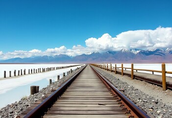 Train Tracks Leading to Mountains and Salt Flats