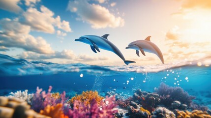 Dolphins Swimming Above Vibrant Coral Reef at Sunset