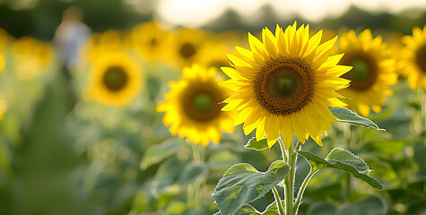 Obraz premium Sunflower field in summer under a bright blue sky. 