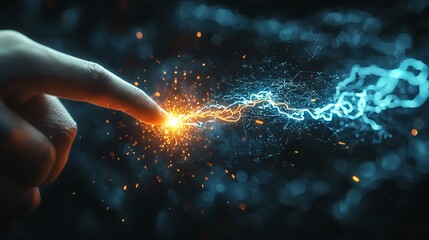 Side view of a hand pointing its finger at a blue technology screen with geometrical shapes. Generative AI.