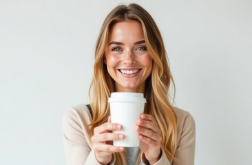 A young blonde girl stands with a paper cup for takeaway coffee drinks or tea on a white background. Place for text