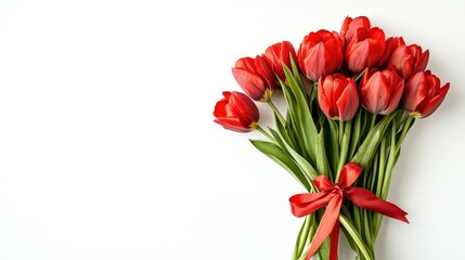 A neatly arranged bunch of red tulips, tied with a ribbon, set against a white background, symbolizing love and passion, perfect for gift-related themes.