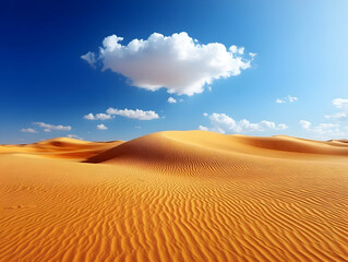 Expansive desert landscape with rolling sand dunes under a bright blue sky and puffy white clouds.