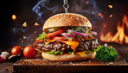cheeseburger with meat, cheese and vegetables on a wooden background; burger; sandwich