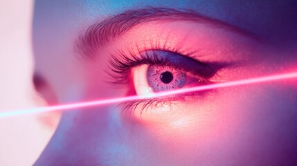 Close up of a woman's eye with a pink laser beam passing through it.