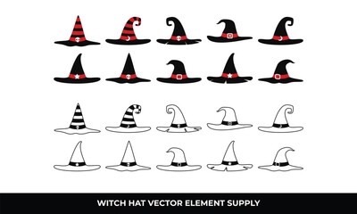 Black and white witch hats with skull, crescent moon, star and belt decorations.