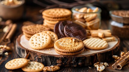 Delicious enjoys with crunchy cookies wafers set on an earthy hardwood board