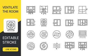 Ventilation and airing of the room using polyurethane foam, set of line icons vector with editable stroke