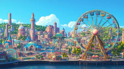 Colorful cityscape with a ferris wheel, buildings, and a pier overlooking the water.