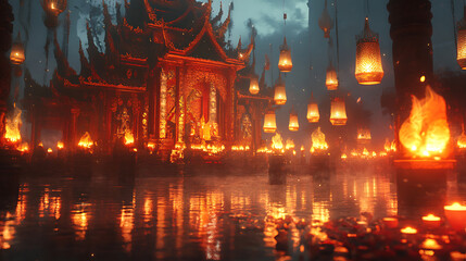 Obraz premium Buddhist background with lanterns and candles illuminating a temple during a festival