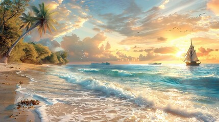 A captivating seaside ocean natural scenery. The ocean stretches as far as the eye can see, its waves rolling in with a soothing rhythm. The sky above is a beautiful blend of blues and whites. The san