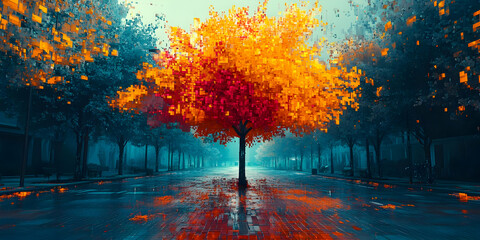 Vibrant Pixelated Tree Illuminates Rainy City Street