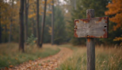 Naklejka premium an empty sign board on the background of a forest, made of wood, old and weathered plaque