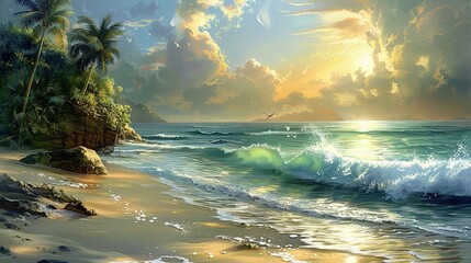 A captivating seaside ocean natural scenery. The ocean stretches as far as the eye can see, its waves rolling in with a soothing rhythm. The sky above is a beautiful blend of blues and whites. The san