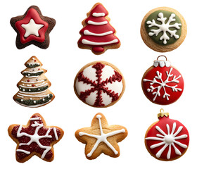 Set of Christmas Gingerbread, Christmas cookies or Christmas biscuits, top view with transparent background, smooth blur edge