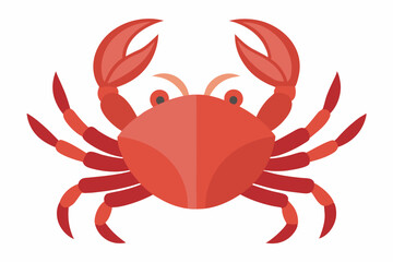 A bold, simple cartoon of a red crab with large claws and round black eyes, set against a white background, stands out for its striking visual appeal.