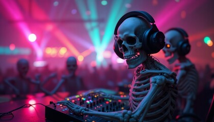 Fototapeta premium Skeletons like a DJ with headphones are making a party and playing on the DJ console, a stage lights and night club environment