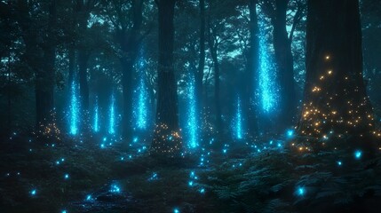 Glowing neon flowers scattered along paths dark forest picture