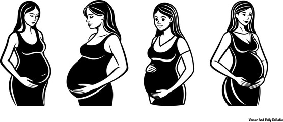 Mother and Child, Pregnant Woman Vector Line Art, Clip Art & Silhouette Designs