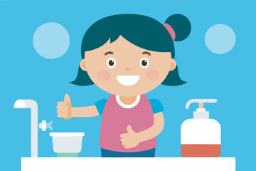 A smiling girl with dark hair stands by a sink with water running, giving thumbs-up. Background is blue, implying cleanliness. Liquid soap dispenser visible.