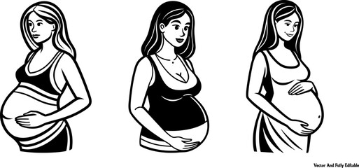 Mother and Child, Pregnant Woman Vector Line Art, Clip Art & Silhouette Designs
