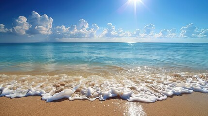 A captivating seaside ocean natural scenery. The ocean stretches as far as the eye can see, its waves rolling in with a soothing rhythm. The sky above is a beautiful blend of blues and whites. The san