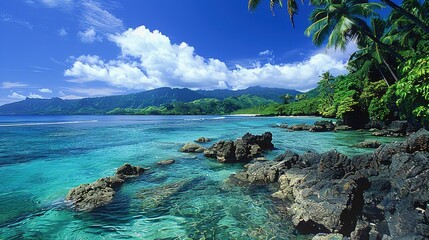 A captivating seaside ocean natural scenery. The ocean stretches as far as the eye can see, its waves rolling in with a soothing rhythm. The sky above is a beautiful blend of blues and whites. The san