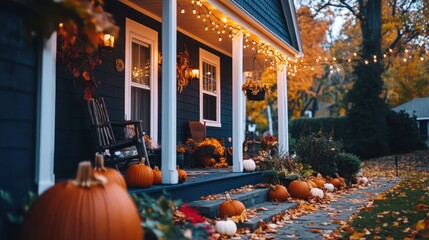 Fall decor with pumpkins on a front porch of a house with string lights and leaves on the ground.