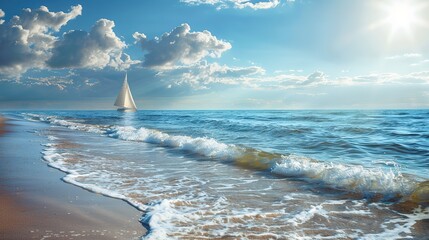 A captivating seaside ocean natural scenery. The ocean stretches as far as the eye can see, its waves rolling in with a soothing rhythm. The sky above is a beautiful blend of blues and whites. The san