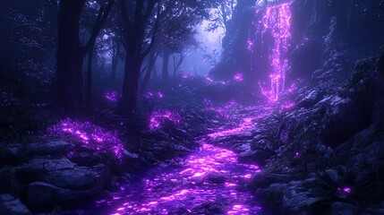 Dark forest glowing softly neon flowers scattered through the air picture