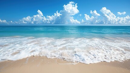 A captivating seaside ocean natural scenery. The ocean stretches as far as the eye can see, its waves rolling in with a soothing rhythm. The sky above is a beautiful blend of blues and whites. The san