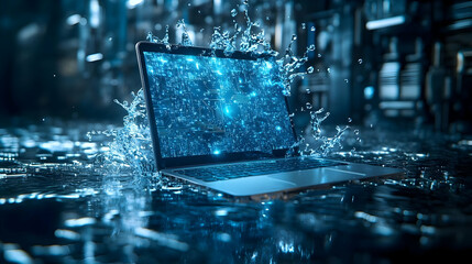 Laptop immersed in water, creating splashes, showcasing the vulnerability of technology in unexpected environments.