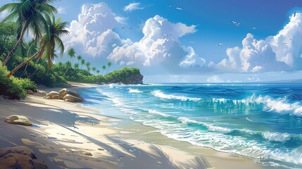A captivating seaside ocean natural scenery. The ocean stretches as far as the eye can see, its waves rolling in with a soothing rhythm. The sky above is a beautiful blend of blues and whites. The san
